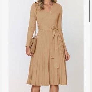 Tan A-Line Wrap Dress with Cuffed Sleeves